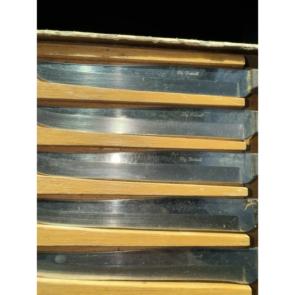 6 Serrated Plain Stainless Steel Knives Wooden Handle Holder Top Flight Burrell